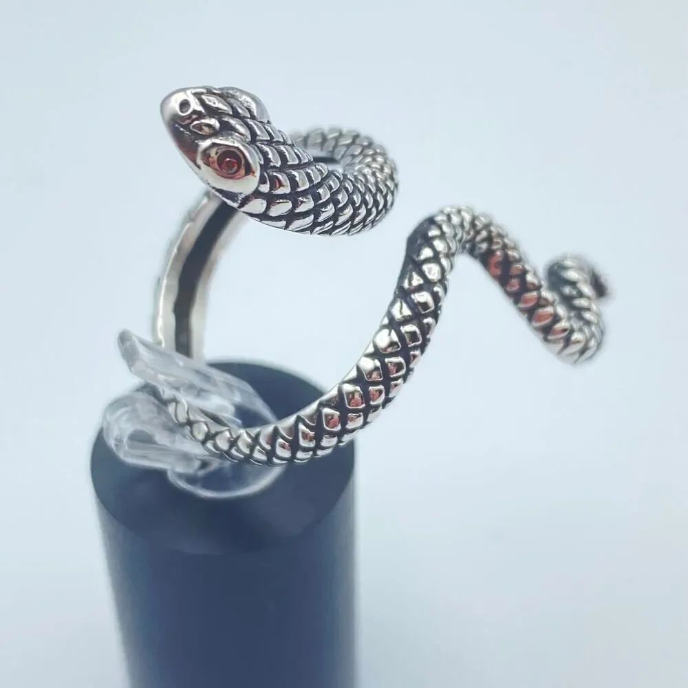 Stainless Steel Slithering Snake Ring- Red CZ Eyes